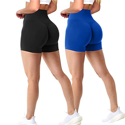 Xunerloy 2er-Pack Scrunch Butt Sport Gym Shorts Damen Kurze Sporthose Leggings Radlerhose Kurz Push Up Sportshorts High Waist Seamless Yoga Fitness Biker Shorts Elastisch Blickdicht Schwarz Blau - L von Xunerloy