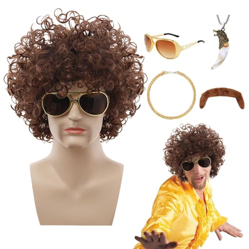 Xvilmaun 70er-Jahre-Disco-Perücke für Herren, männliche Disco-Kostüm-Perücke | 5-teiliges Disco-Perücken-Kostüm-Set,Komplett mit Perücke, Schnurrbart, Hip-Hop-Kette, Sonnenbrille, Halskette und von Xvilmaun