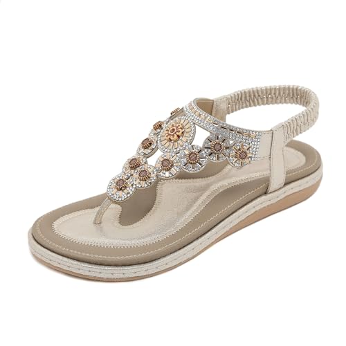 Xytraiihw Damen Bohemian Style Sandalen, 2024 Sommer Soft Bottom Strandschuhe Flache Absätze Sandalen Damen Rom Sandalen,Gelb,36 von Xytraiihw