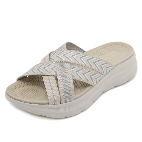 Xytraiihw Damen-Sommer-Casual-Keil-Hausschuhe, Bequeme Cross-Riemen-Plattform-Wanderschuhe Leichte Atmungsaktive Strand-Slipper,Gelb,36 von Xytraiihw