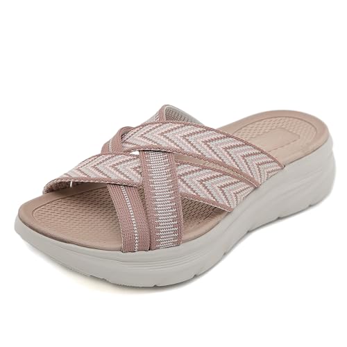 Xytraiihw Damen-Sommer-Casual-Keil-Hausschuhe, Bequeme Cross-Riemen-Plattform-Wanderschuhe Leichte Atmungsaktive Strand-Slipper,Rosa,35 von Xytraiihw