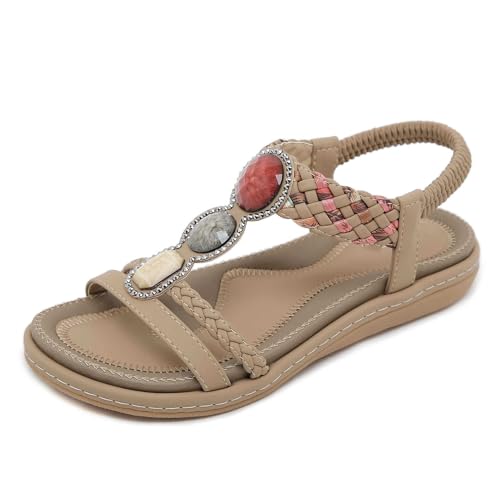 Xytraiihw Flache Sandalen Für Den Sommer Mit Weicher Sohle, Böhmische Perlenbesetzte Sandalen Mit Elastischem Band Leichte Sandalen Lässige Strandschuhe Für Damen,Gelb,37 von Xytraiihw