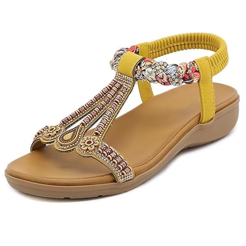 Xytraiihw Sommer Mode Schuhe für Frauen, Knöchelriemen Damen Sandalen Gummiband Kleid Sandalen Frauen lässig runde Zehen flache Schuhe,Gelb,35 von Xytraiihw