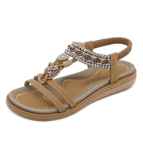 Xytraiihw Sommersandalen Für Damen, 2024 Bequeme Sandalen Für Damen Bling-Strass-Flats Perlenschuhe Lässige Sandalen,Gelb,38 von Xytraiihw