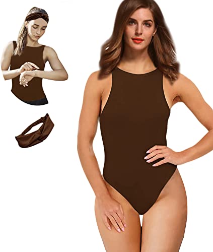 Y WJing Yi Jia Ärmelloser Damen-Body mit Rundhalsausschnitt und Tanga, Tank-Top, formende Bodysuits, sexy Shapewear, Gymnastikanzug, Jumpsuit, Tops, dunkelbraun, 42 von Y WJing Yi Jia