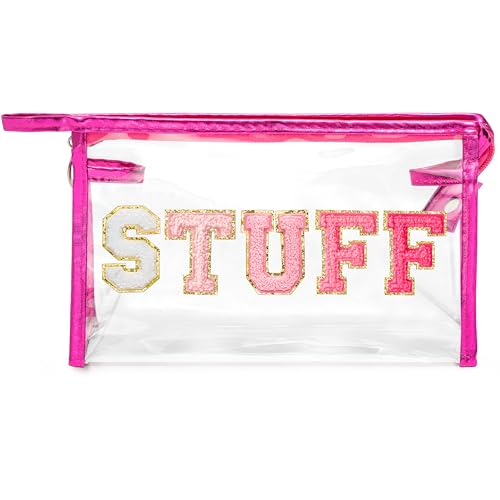 Y1tvei Chenille Brief Makeup Taschen - Varsity Stuff Preppy Patch Tragbare Reise Kosmetiktasche Kulturbeutel Transparent PVC Wasserdicht Clear Bag mit Reißverschluss für Mädchen Damen (Rosenrot) von Y1tvei