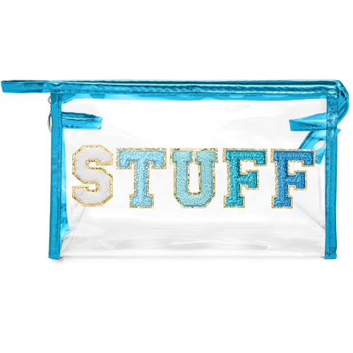 Y1tvei Chenille Brief Makeup Taschen - Varsity Stuff Preppy Patch Tragbare Reise Kosmetiktasche Kulturbeutel Transparent PVC Wasserdicht Kosmetik Clear Bag mit Reißverschluss für Mädchen Damen (Blau) von Y1tvei