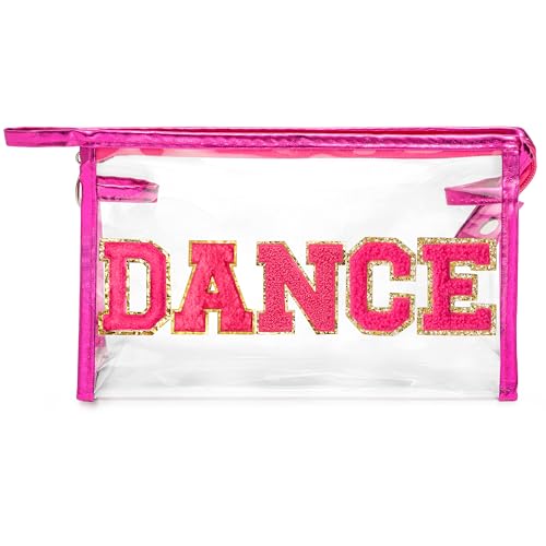 Y1tvei Clear Dance Make-up-Tasche – adretter Aufnäher, Chenille, Varsity-Buchstaben, PVC, transparent, extra groß, Kosmetiktasche, tragbar, wasserdicht, Reise-Organizer, Kulturbeutel für Damen, von Y1tvei