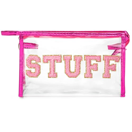 Y1tvei Clear Stuff Make-up-Tasche – adretter Aufnäher, rosa Chenille, Varsity-Buchstaben, PVC, transparent, extra groß, Kosmetiktasche, tragbar, wasserdicht, Reise-Organizer, Kulturbeutel für Damen von Y1tvei