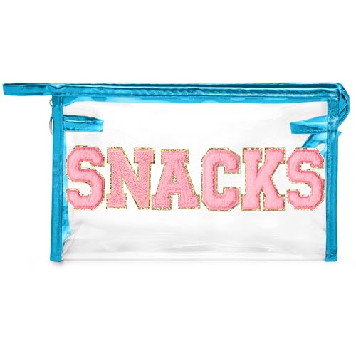 Y1tvei Große transparente Snack-Tasche – adretter Aufnäher, rosa Chenille-Buchstaben, PVC, transparent, extra groß, Kosmetiktasche, tragbar, wasserdicht, Strand-Reise-Organizer, Kulturbeutel für Damen von Y1tvei