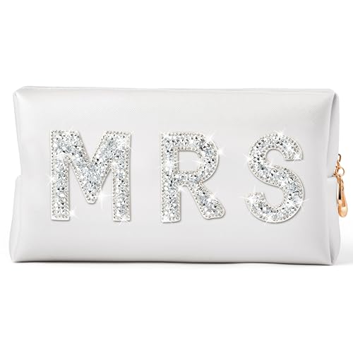 Y1tvei MRS Patch Weiße Kosmetiktasche, Strass Buchstabe PU Große Kapazität Reise Toilettentaschen, Leder Kulturbeutel Handtaschen wasserdichte Organizer für Damen Frauen Hochzeit Brautparty(XL-Large) von Y1tvei