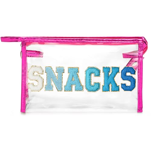 Y1tvei SNACKS Transparente Make-up-Tasche – adretter Aufnäher, blauer Chenille-Buchstaben, transparent, PVC, große Kosmetiktasche, tragbar, wasserdicht, Reise-Organizer, Kulturbeutel für Damen und von Y1tvei