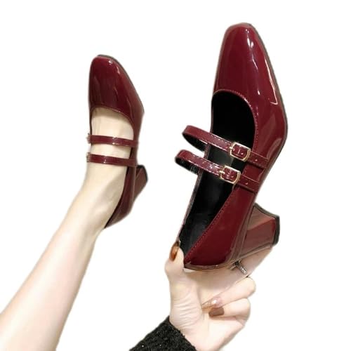 2024 Frühling und Herbst Damen Doppelknopf Lackleder Formelle Schuhe High Heels Retro Damenschuhe Schwarz und Rot Damen Doppel von Y6GO9KSP