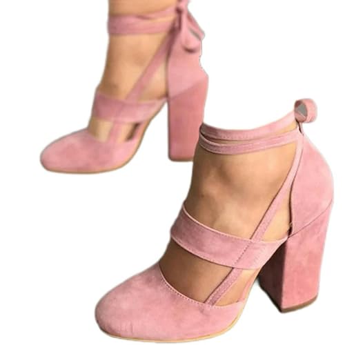 Damen-High-Heels, Übergröße 36–43, Damen-Sommer-High-Heels, geeignet für Party-Schuhe, Dicke Absätze, modische Schnürung, Damen-Schwarz von Y6GO9KSP