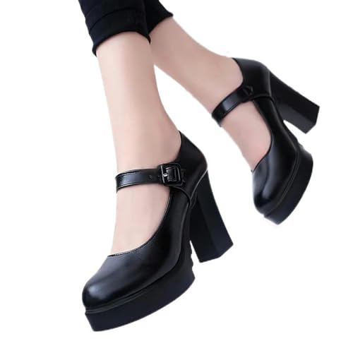 Neue Damen-Klassiker-High-Heels für Frühling und Sommer, Schwarze Leder-High-Heels, modische Schnalle, Dicke Sohlenschuhe für Damen von Y6GO9KSP