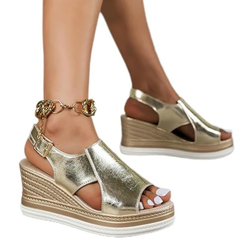 Y6GO9KSP Gold- und Silberkeilsandalen für Damen, Sommerriemen, dicke Sohlensandalen für Damen, modische Damenschuhe aus PU-Leder mit Schnalle von Y6GO9KSP