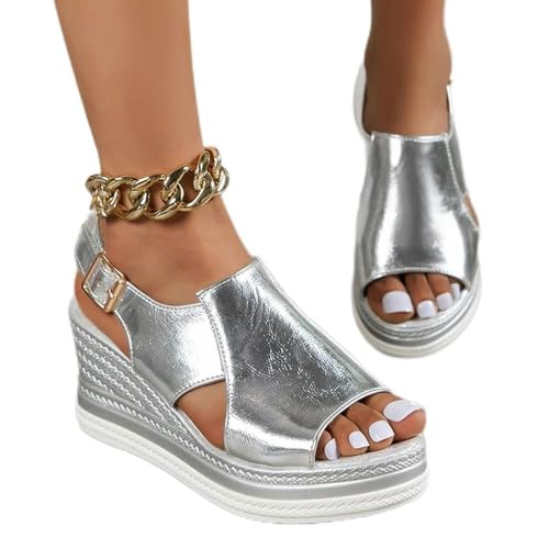 Y6GO9KSP Gold- und Silberkeilsandalen für Damen, Sommerriemen, dicke Sohlensandalen für Damen, modische Damenschuhe aus PU-Leder mit Schnalle von Y6GO9KSP