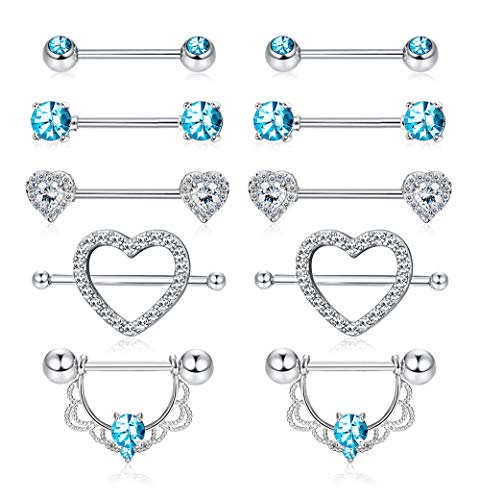 YADOCA 5 Pairs Edelstahl Nipplerings Nippelringe Zungenring CZ Barbell Herzform Ringe Piercingschmuck Set für Frauen Mädchen von YADOCA