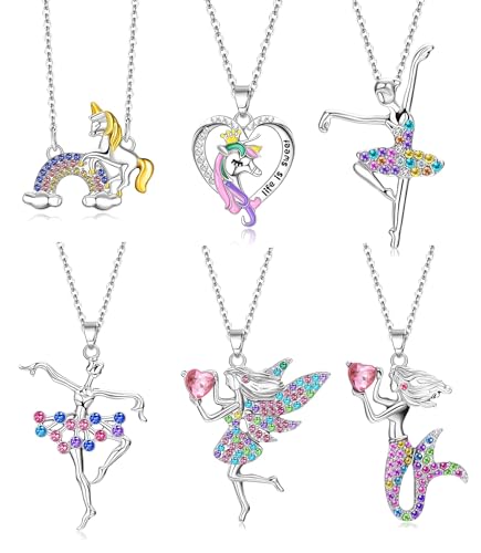 YADOCA 6Pcs Kette Mädchen Kinderschmuck Elfen Ballett Tänzerin Halskette für Kristall Anhänger Halskette Schmuck Geschenke für Mädchen Tochter Enkelin Nichte Geburtstag von YADOCA