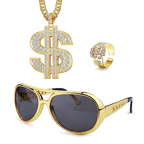 YADOCA Goldkette Herren 70er 80er 90er Jahre Outfit Herren Zuhälter Kostüm Hip Hop Kostümset, Fake Dollar Sign Halskette, Hip Hop Ring Hippie Brille für Hippie Rapper Disco Outfit 1 von YADOCA