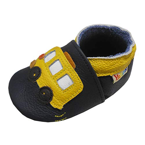 YALION Krabbelschuh Babyschuh Lauflernschuh Jungen Mädchen Baby Weicher Flexibles Leder mit Mokassins Wildledersohlen Elastische Knöchel Lederpuschen(Schwarz Gelb,12-18 Monate,L,22-23 EU) von YALION