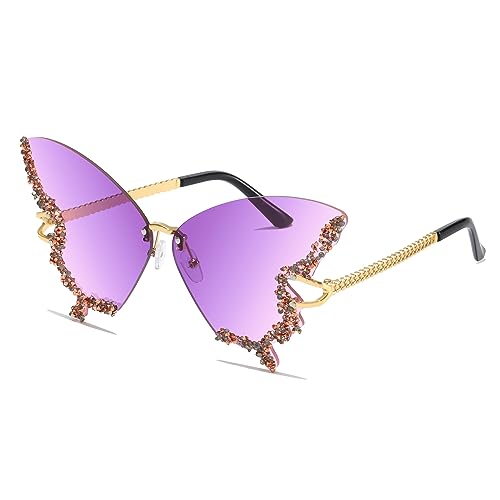 YAMEIZE Schmetterling Sonnenbrille Randlose Vintage Brillen-Lustige Diamond Strass Disco Brille für Herren Damen Getönte Rave Brille Festival Sonnenbrille von YAMEIZE