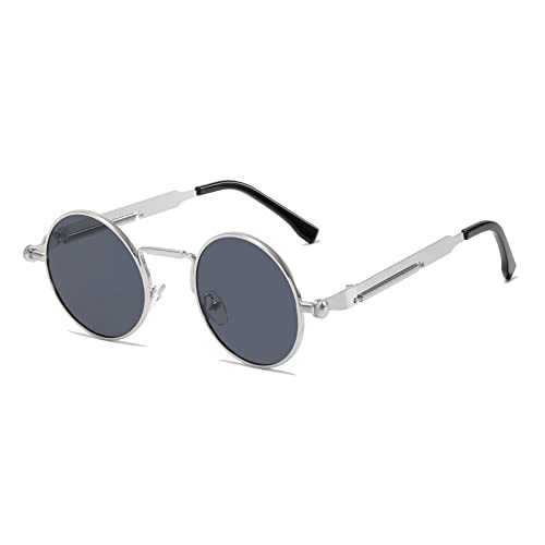 YAMEIZE Sonnenbrille Damen Sport Runde Steampunk-Retro Vintage mit UV400 Schutz Metallrahmen Brille Fahren Herren Silber Grau von YAMEIZE