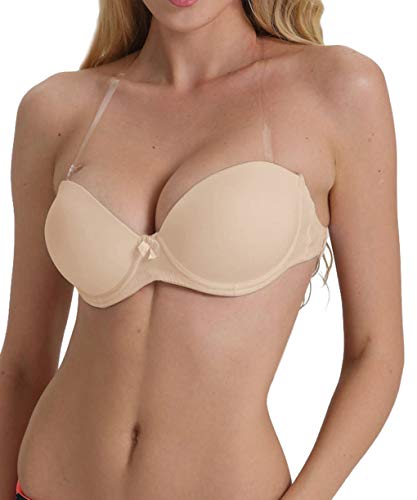 Trägerloser BH mit transparentem Rücken, unsichtbarer Träger, Push-Up-Bügel, rückenfrei, Halfter Bralette, Beige, 70C von YANDW