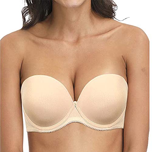 YANDW BH Trägerlos Damen Stark Gepolstert Push up Cabrio Trägerloser Halt Multiway Bügel T-Shirt BHS - Beige, Size: 85B von YANDW