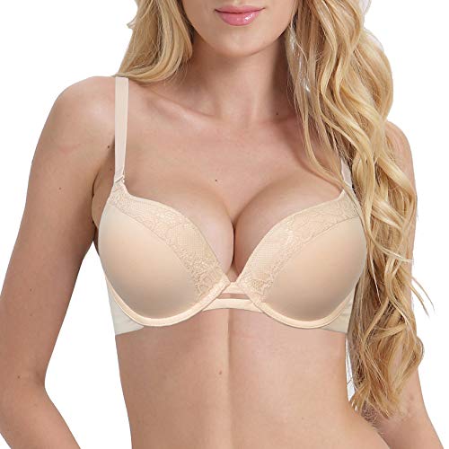 YANDW Damen Push Up Bügel Super Dick Gepolsterte Verstellbare Träger Plunge Lace Sexy T-Shirt BH Beige,70A von YANDW