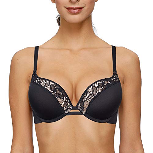 YANDW Damen Push Up Bügel Super Dick Gepolsterte Verstellbare Träger Plunge Lace Sexy T-Shirt BH Schwarz,100B von YANDW