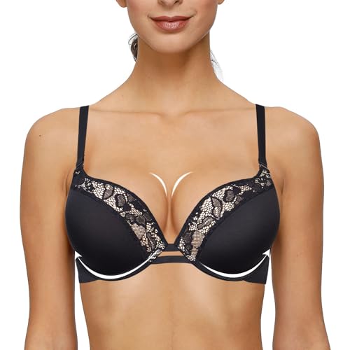 YANDW Damen Push Up Bügel Super Dick Gepolsterte Verstellbare Träger Plunge Lace Sexy T-Shirt BH Schwarz,75B von YANDW