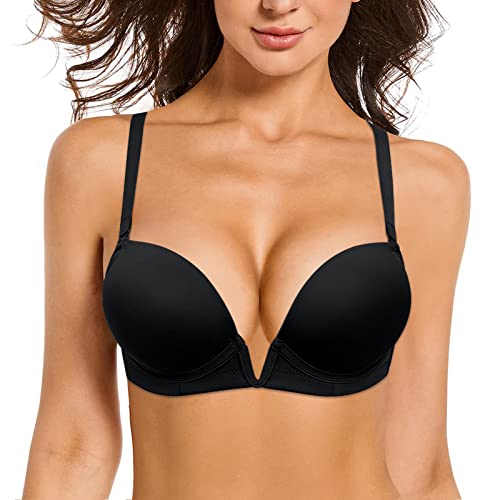 YANDW Damen Tief V-Ausschnitt Gepolstert Push up BH Convertible Plunge mit transparenten Trägern Add 2 Cup BHS Schwarz,75B von YANDW