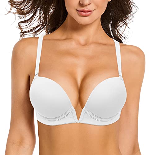 YANDW Damen Tief V-Ausschnitt Gepolstert Push up BH Convertible Plunge mit transparenten Trägern Add 2 Cup BHS Weiß,85D von YANDW