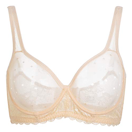 YANDW Durchsichtiger Transparente Spitze Mesh Ungefütterter BH Volle Abdeckung Plus Size Bralette Sexy Bügel Minimizer Unlined BHS Beige, 80C von YANDW