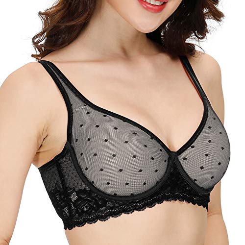 YANDW Durchsichtiger Transparente Spitze Mesh Ungefütterter BH Volle Abdeckung Plus Size Bralette Sexy Bügel Minimizer Unlined BHS Schwarz, 100A von YANDW