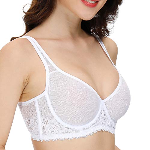 YANDW Durchsichtiger Transparente Spitze Mesh Ungefütterter BH Volle Abdeckung Plus Size Bralette Sexy Bügel Minimizer Unlined BHS Weiß, 100C von YANDW