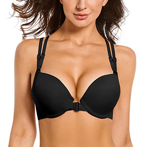 YANDW Nahtloser Vorderverschluss BH Criss Cross Rücken Racerback Add 2 Cup Gepolsterter Push Up BHS Schwarz，34A von YANDW