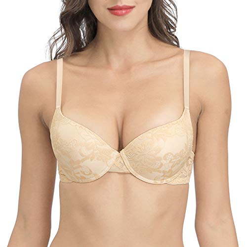 YANDW Push Up BH für Damen Demi Cup Gepolsterte Bügel Unterstützend Größe hinzufügen BHS Spitze Everyday Comfort Nude 100B von YANDW