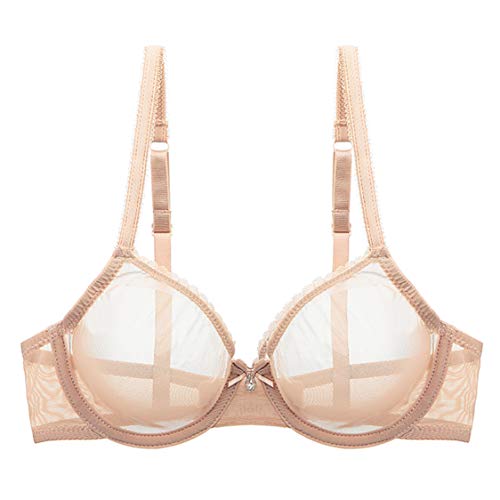 YANDW Sexy Durchsichtiger Nicht-Wattierter BHS Ungefüttert Bügel Spitze Mesh Ultra Dünner transparenter Bralette Beige, 85B von YANDW