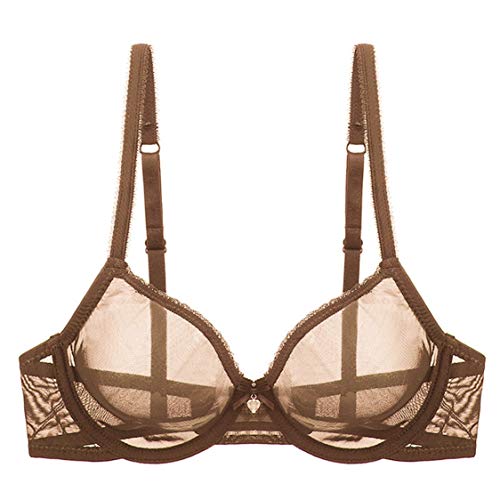 YANDW Sexy Durchsichtiger Nicht-Wattierter BHS Ungefüttert Bügel Spitze Mesh Ultra Dünner transparenter Bralette Kaffee, 80D Kaffee von YANDW