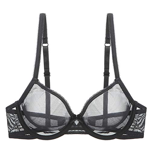 YANDW Sexy Durchsichtiger Nicht-Wattierter BHS Ungefüttert Bügel Spitze Mesh Ultra Dünner transparenter Bralette Schwarz, 85B von YANDW