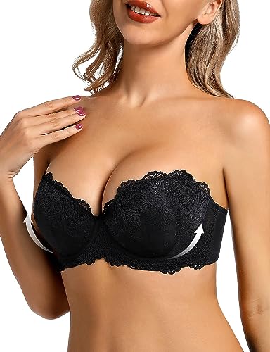 YANDW Trägerloser Stark Gepolsterter Push Up Spitzen BH mit Multiway Transparenten Trägern Trägerlos Damen Balconette BHS Schwarz,32B von YANDW