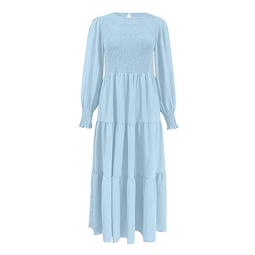 Damen-Maxikleid mit Rundhalsausschnitt und Langen Ärmeln, einfarbig, Plissiertes, geschichtetes Swing-Kleid Winter Strickkleid Damen (Blue, M) von YANFJHV