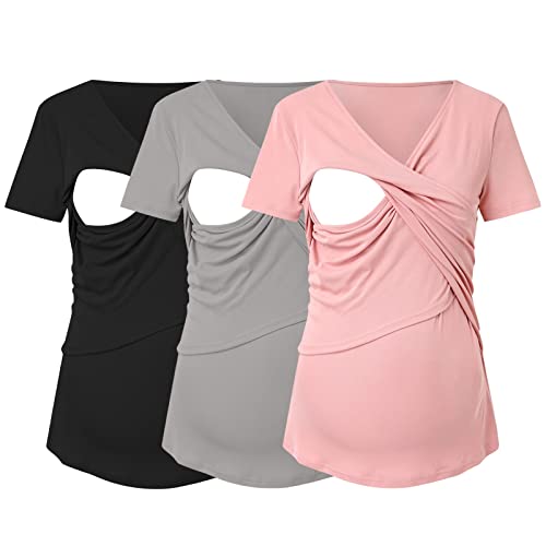 Umstands-T-Shirt für Damen, lässig, kurzärmlig, mit V-Ausschnitt, Basic-Still-T-Shirt, Top zum Stillen, 3er-Pack Weißes Oberteil Damen Langarm (Pink, XL) von YANFJHV