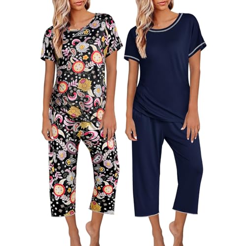 YANFJHV 2er-Pack: Damen-Pyjamas, kurzärmelige Nachtwäsche, Oberteile und Capri-Hosen, Bedruckte Pyjama-Sets mit Taschen, Pyjama-Anzug Damen Schlafanzug Kariert (Navy, XL) von YANFJHV