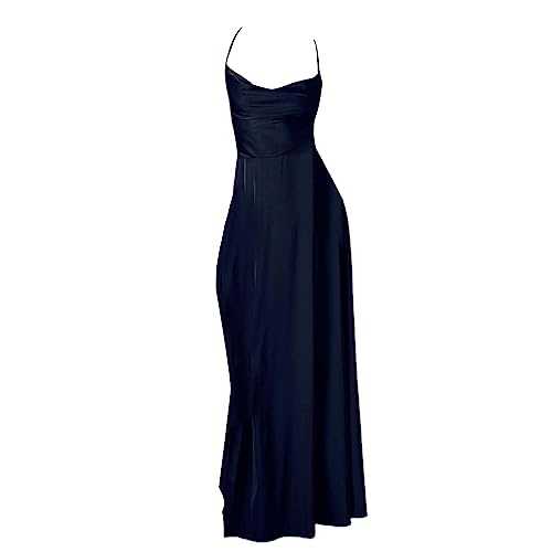 YANFJHV Lässiges Sommer-Tanktop für Damen, ärmellos, Knielang, Plissee-Tankkleid Etuikleid Damen (Navy, M) von YANFJHV