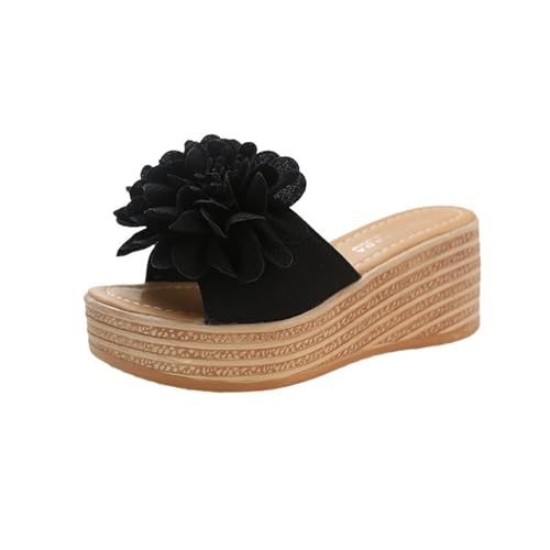 YANFJHV Plateau Sandalen Damen Schwarz: Pantoletten Sommersandalen mit Keilabsatz Slip-on Strandsandalen Plateausandalen Boho Sommer Slippers Open Toe Blumen Keilsandalen Römersandalen von YANFJHV