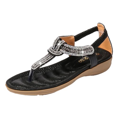 YANFJHV Sandalen Damen Zehentrenner Schwarz - Flip Flops Strandsandalen mit Strass Elegant Zehensandalen Sommerschuhe Boho Sommer Damensandalen Bequem Plateau Römersandalen Keilsandalen von YANFJHV