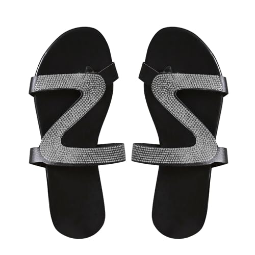 YANFJHV Sandalen Damen Zehentrenner Schwarz - Römersandalen Hausschuhe mit Strass Boho Sommersandalen Strandsandalen Rutschfest Sommer Damensandalen Slip on Flach Slippers Zehensandalen von YANFJHV